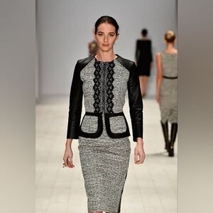 ◇$6,000 OSCAR DE LA RENTA BLACK LAMB LEATHER TWEED JACKET SKIRT SUIT US 10